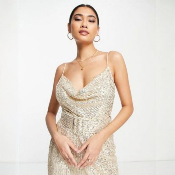 ASOS Design Elegant Gold Cami Sequin Maxi Dress W/ Belt, 14, Worn Once - Picture 2 of 11